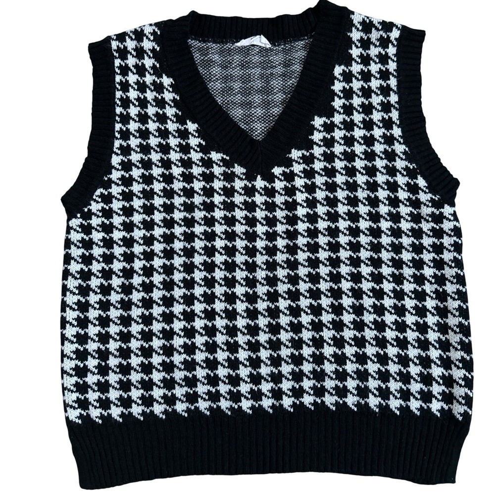 Double Zero Houndstooth Sweater Vest Small Relaxed Black White Preppy V-Neck